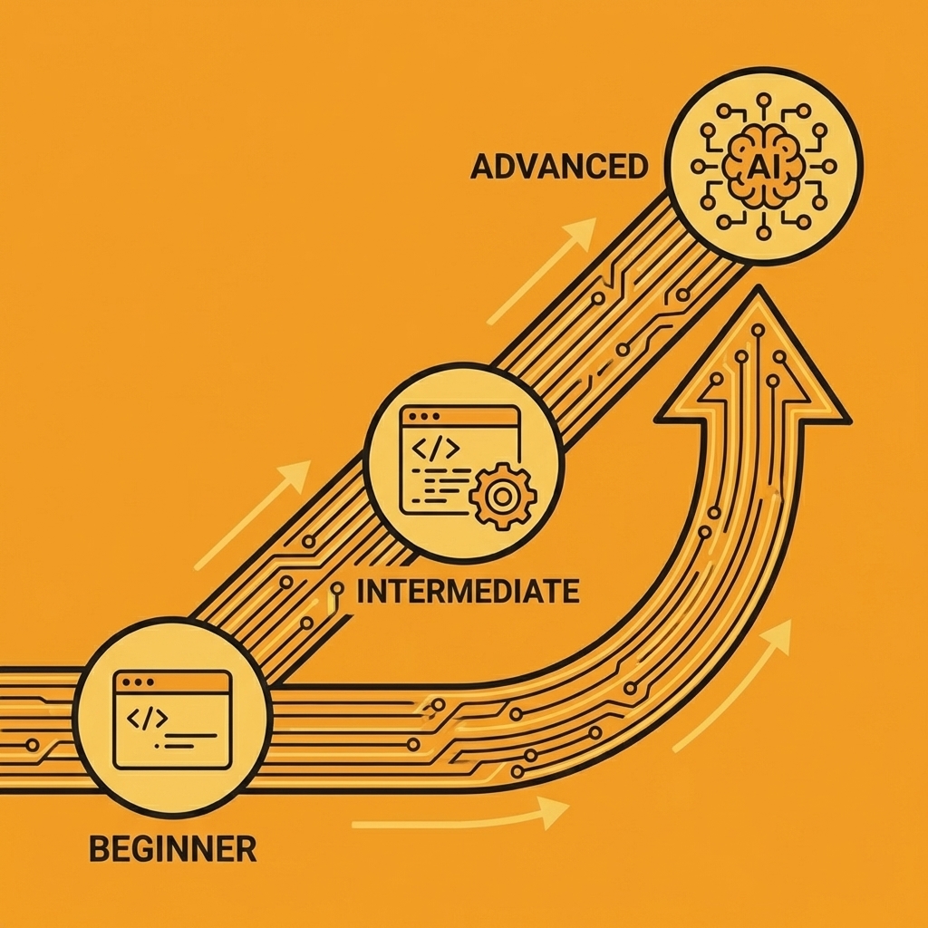 Upward arrow showing progression from beginner to advanced coding experience levels